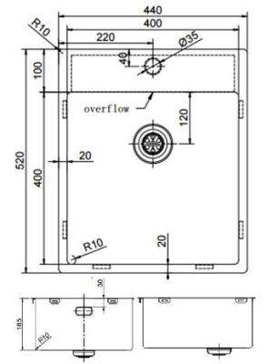 Pure.Sink Exclusivo nerezový dřez 44x52 cm Tapwing s otvorem pro kohoutek 10mm rádius PEX4040T-02