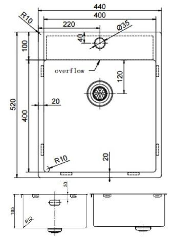 Pure.Sink Exclusivo Gun Metal dřez 44x52 cm Tapwing s otvorem pro kohoutek 10mm rádius PEX4040T-61