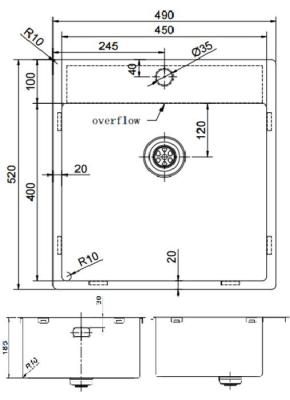 Pure.Sink Exclusivo Zlatý dřez 49x52 cm Tapwing s otvorem pro kohoutek 10mm rádius PEX4540T-60