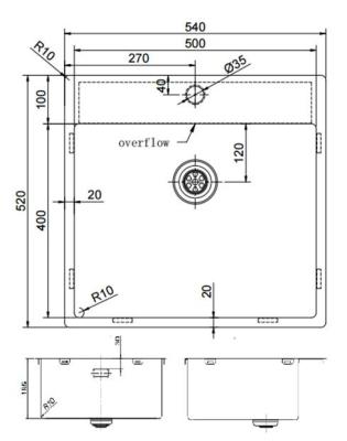 Pure.Sink Exclusivo nerezový dřez 54x52cm Tapwing s otvorem pro kohoutek 10mm rádius PEX5040T-02