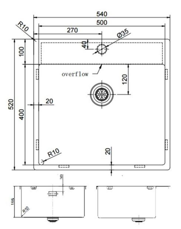 Pure.Sink Exclusivo Zlatý dřez 54x52 cm Tapwing s otvorem pro kohoutek 10mm poloměr PEX5040T-60