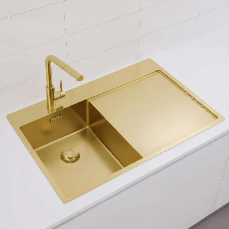 Pure.Sink Exclusivo Zlatý malý dřez s odkapávací částí 78x52 cm Kohoutek vlevo PEX3478LT-60