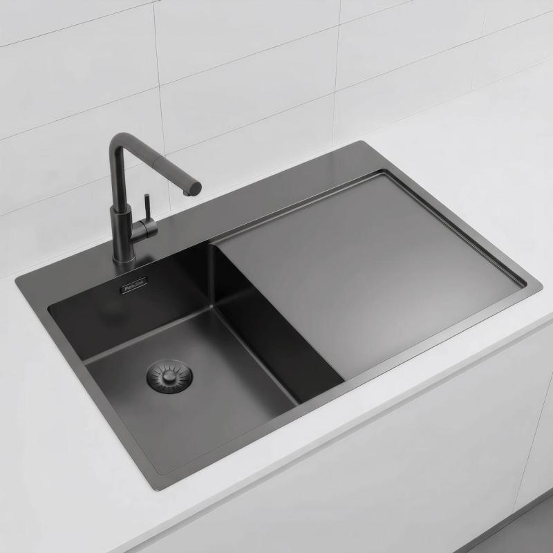 Pure.Sink Exclusivo Gun Metal malý dřez s odkapávací částí 78x52 cm Tapwing vlevo PEX3478LT-61