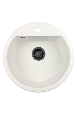 GraniteMy Bremen kulatý granitový dřez 43 cm bílý nástavba a spodní montáž s vodovodním otvorem a černou zástrčkou 1208971312