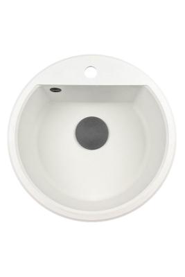 GraniteMy Bremen kulatý granitový dřez 43 cm bílý nástavba a spodní montáž s vodovodním otvorem a černou zástrčkou 1208971312