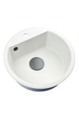 GraniteMy Bremen kulatý granitový dřez 43 cm bílý nástavba a spodní montáž s vodovodním otvorem a černou zástrčkou 1208971312