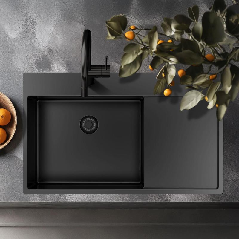 Pure.Sink Exclusivo Gun Metal dřez s odkapávací částí 86x52 cm Tapwing vlevo PEX5086LT-61