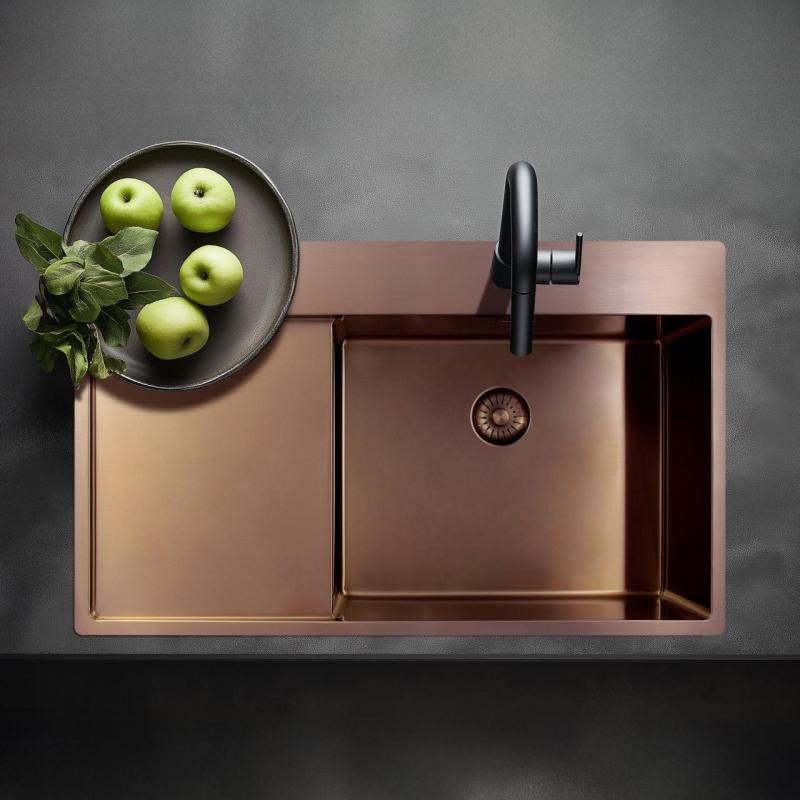 Pure.Sink Exclusivo Měděný dřez s odkapávací částí 86x52 cm Křídlo kohoutku vlevo PEX5086LT-62