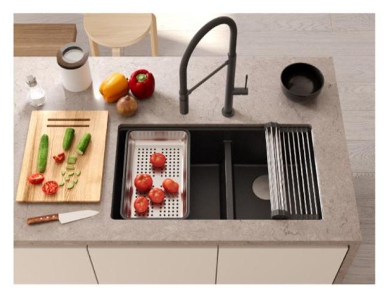 Quadri Newport II Dvojitý Antracitový Granitový Podstavcový Dřez 702 x 390 mm s Měděnou Zátkou 1208971374