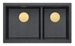 Quadri Newport II Dvojitý Antracitový Granitový Vestavný Dřez 702 x 390 mm s Zlatou Zátkou 1208971379