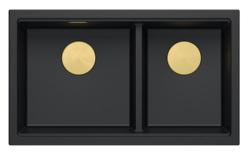 Quadri Newport II Dvojitý Černý Granitový Podstavcový Dřez 702 x 390 mm s Zlatým Uzavíracím Čepem 1208971381