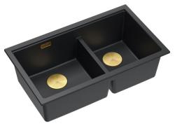 Quadri Newport II Dvojitý Černý Granitový Podstavcový Dřez 702 x 390 mm s Zlatým Uzavíracím Čepem 1208971381