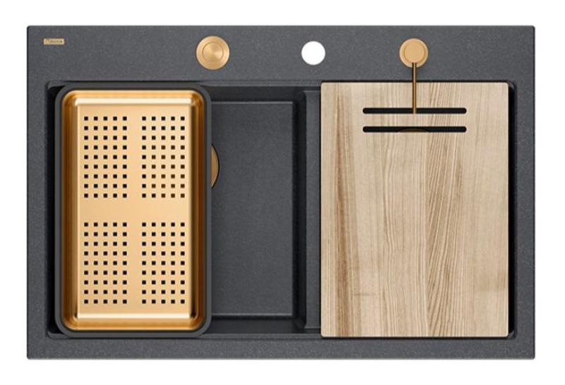 Quadri Hard Rock Dvojitý antracitový granitový nástavný dřez 76x50 cm s měděnou zástrčkou a příslušenstvím 1208971388