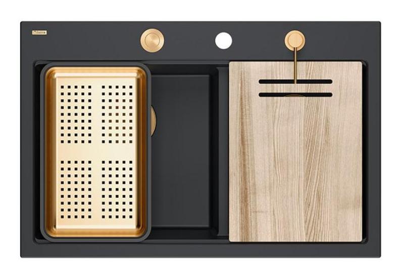 Quadri Hard Rock Dvojitý Černý Granitový Výstavbový Dřez 76x50 cm s Měděnou Zástrčkou a Příslušenstvím 1208971390