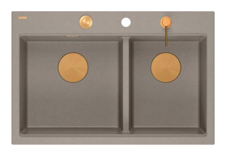 Quadri Hard Rock Dvojitý Taupový Granitový Nástavný Dřez 76x50 cm s Měděnou zátkou a příslušenstvím 1208971391