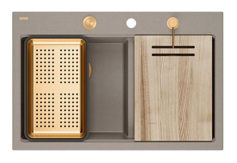 Quadri Hard Rock Dvojitý Taupový Granitový Nástavný Dřez 76x50 cm s Měděnou zátkou a příslušenstvím 1208971391