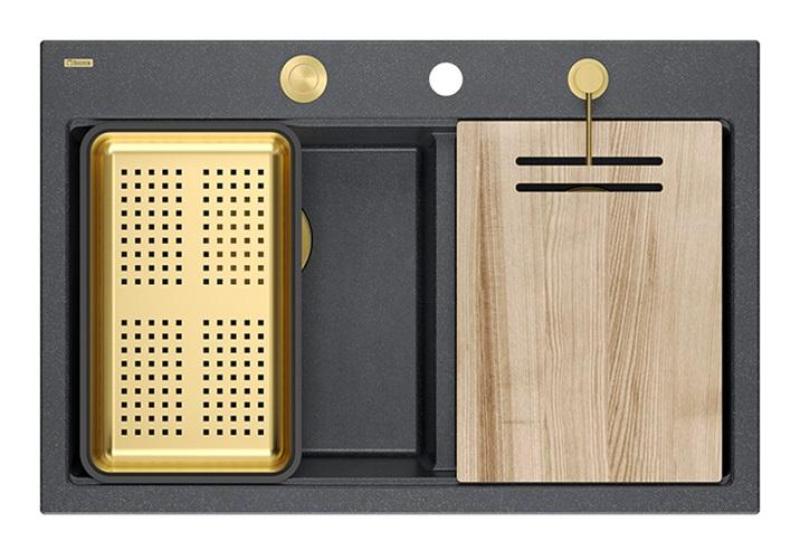 Čtvercový Hard Rock Dvojitý Antracitový Granitový Nástavbový Dřez 76x50 cm se Zlatým Korkem a Příslušenstvím 1208971393