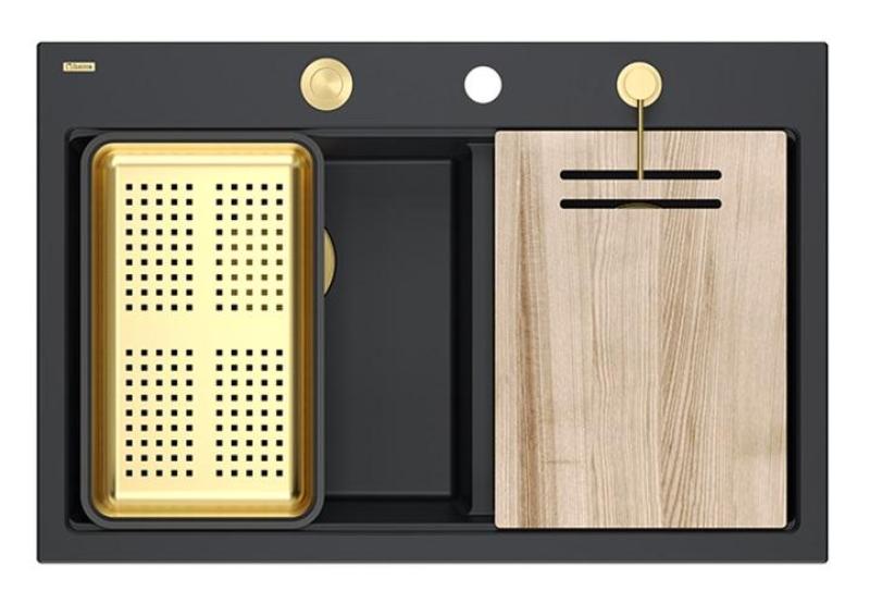 Quadri Hard Rock Dvojitý Černý Granitový Vestavný Dřez 76x50 cm s Zlatou zástrčkou a příslušenstvím 1208971395