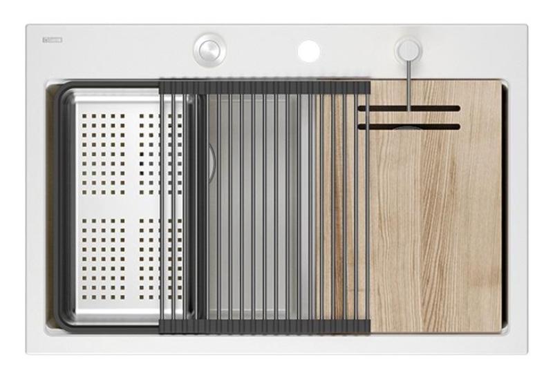 Quadri Hard Rock dvojitý bílý granitový nástavbový dřez 76x50 cm s nerezovou zástrčkou a příslušenstvím 1208971398