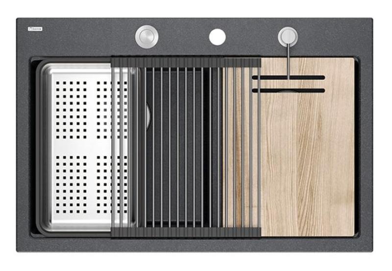 Quadri Hard Rock Dvojitý antracitový granitový nástavný dřez 76x50 cm s nerezovou zástrčkou a příslušenstvím 1208971399