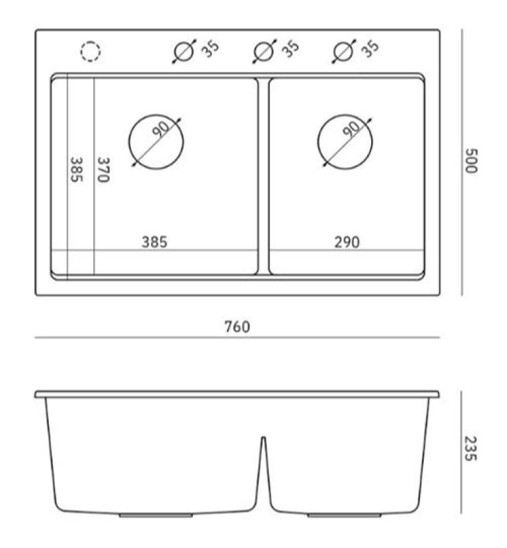 Quadri Hard Rock Dvojitý šedý granitový nástavný dřez 76x50 cm s nerezovou zástrčkou a příslušenstvím 1208971400