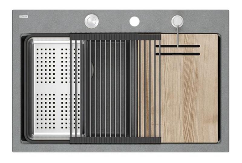 Quadri Hard Rock Dvojitý šedý granitový nástavný dřez 76x50 cm s nerezovou zástrčkou a příslušenstvím 1208971400