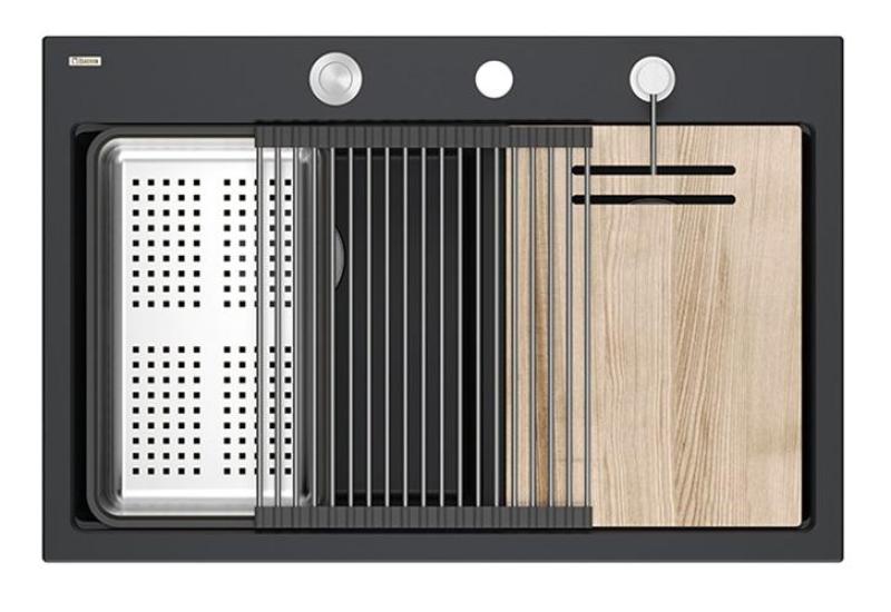 Quadri Hard Rock Dvojitý Černý Granitový Nadstavbový Dřez 76x50 cm s Nerezovou Zástrčkou a Příslušenstvím 1208971401