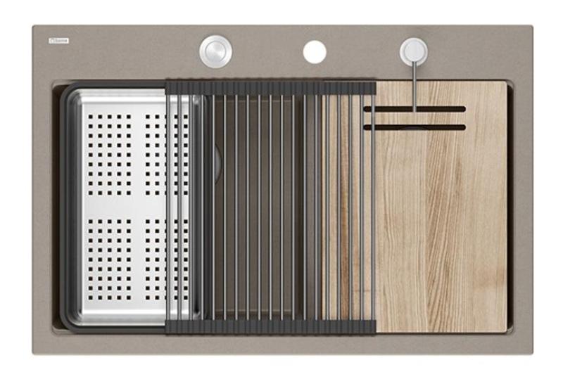 Quadri Hard Rock Dvojitý Taupe Granitový Nadstavbový Dřez 76x50 cm s nerezovou zástrčkou a příslušenstvím 1208971402