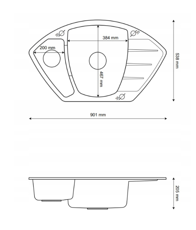 Graniteland Monte Granitový černý rohový dřez na povrch 901x538mm s nerezovou zástrčkou 1208971413