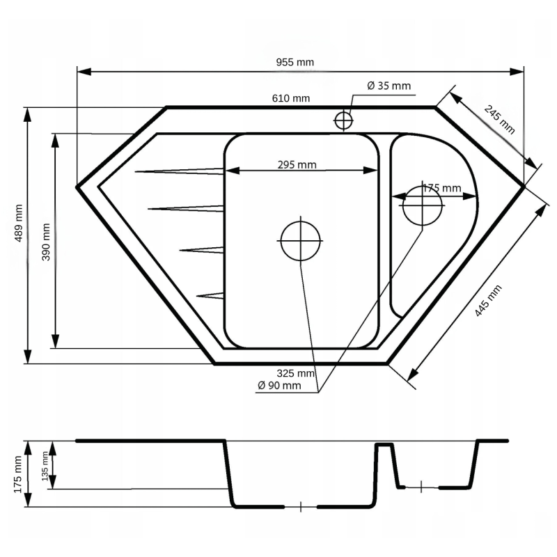 Graniteland Amiata Granitově šedý rohový dřez pro montáž na povrch 955 x 489 mm s nerezovou zátkou 1208971419