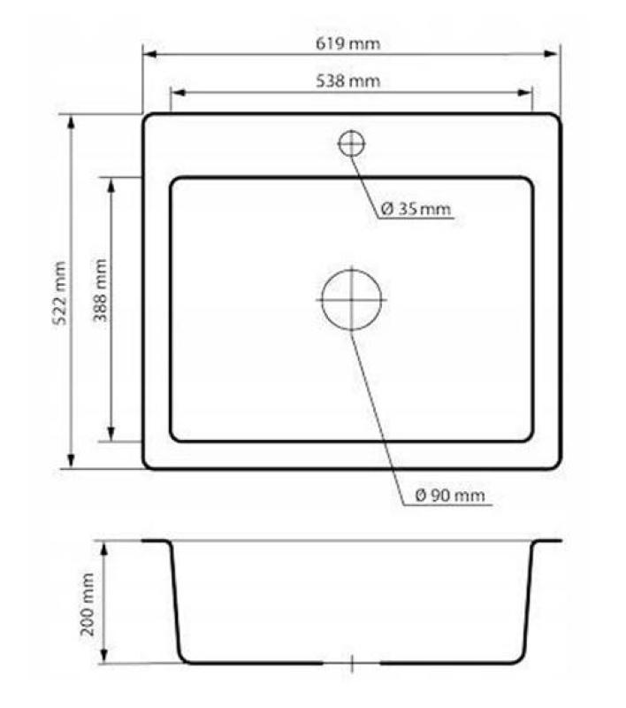 Graniteland Vastone Granitový dřez 619x522 mm Černý nástavba s dírou pro kohoutek a nerezovou zátkou 1208971443
