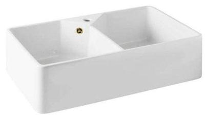 Ausmann Ceramic Mira Keramický Bílý Dvojitý Dřez - Podskříň a Meziskříň 793 x 450 mm s otvorem pro kohoutek a Zlatou zátkou 1208971476