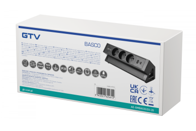 Basco nábytková zásuvka, 3 x zásuvka s uzemněním, USB A+C, 1,5m kabel, černá s montáží