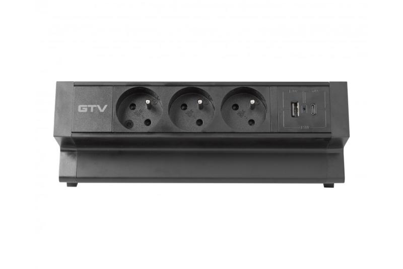 Basco nábytková zásuvka, 3 x zásuvka s uzemněním, USB A+C, 1,5m kabel, černá s montáží