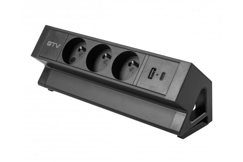 Basco nábytková zásuvka, 3 x zásuvka s uzemněním, USB A+C, 1,5m kabel, černá s montáží