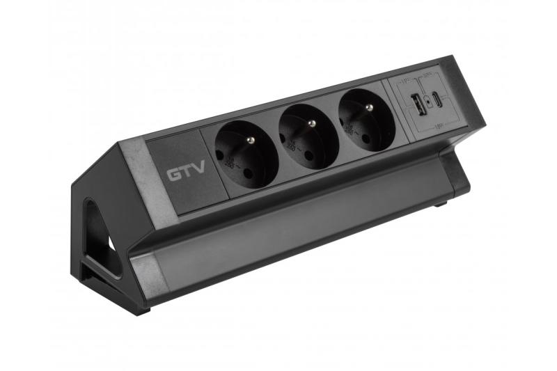 Basco nábytková zásuvka, 3 x zásuvka s uzemněním, USB A+C, 1,5m kabel, černá s montáží