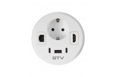 Nábytková zásuvka RONDO, 1xSHUKO, 1xUSB-A, 2xUSB-C, HDMI, RJ45 kabel 1,5 m, bílá