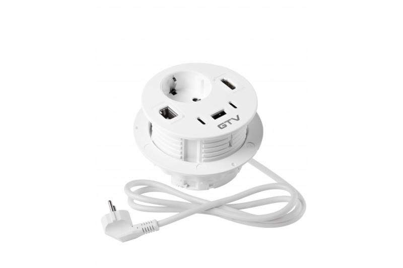 Nábytková zásuvka RONDO, 1xSHUKO, 1xUSB-A, 2xUSB-C, HDMI, RJ45 kabel 1,5 m, bílá