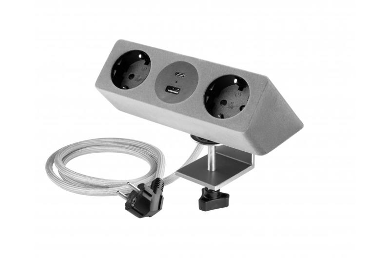 Nábytková zásuvka SOFITO, 2xSHUKO, USB A+C, kabel 1,5 m, šedý flock