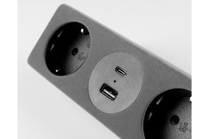 Nábytková zásuvka SOFITO, 2xSHUKO, USB A+C, kabel 1,5 m, šedý flock