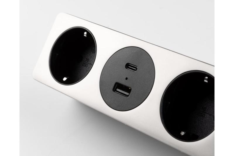 Nábytková zásuvka SOFITO, 2xSHUKO, USB A+C, kabel 1,5 m, nerezová ocel