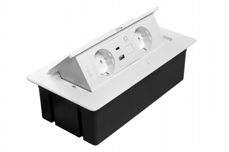 Nábytková zásuvka MULTISOFT, 2xSHUKO, USB A+C, RJ45, kabel 1.5 m, bílá