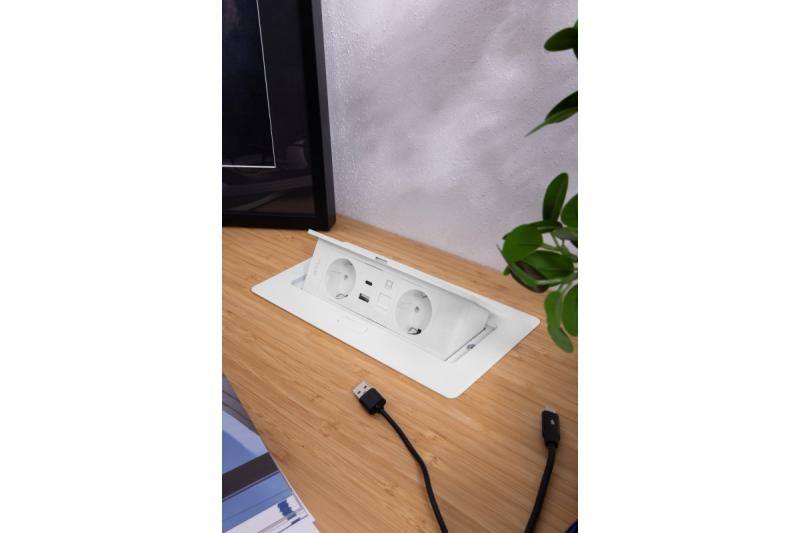 Nábytková zásuvka MULTISOFT, 2xSHUKO, USB A+C, RJ45, kabel 1.5 m, bílá