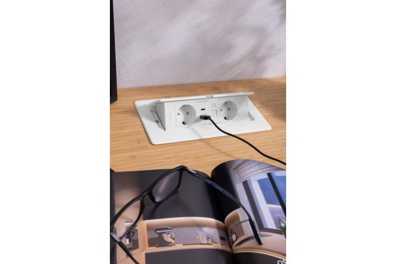 Nábytková zásuvka MULTISOFT, 2xSHUKO, USB A+C, RJ45, kabel 1.5 m, bílá