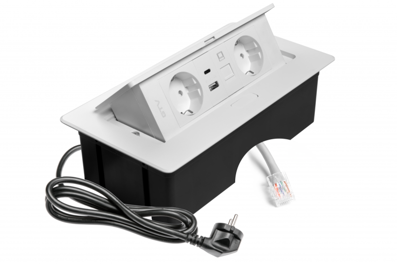 Nábytková zásuvka MULTISOFT, 2xSHUKO, USB A+C, RJ45, kabel 1.5 m, bílá