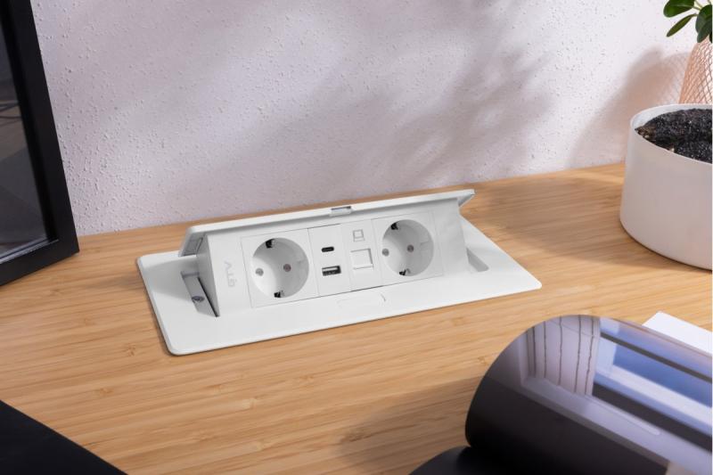 Nábytková zásuvka MULTISOFT, 2xSHUKO, USB A+C, RJ45, kabel 1.5 m, bílá