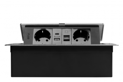 Nábytková zásuvka MULTISOFT, 2xSHUKO, USB A+C, RJ45, kabel 1,5 m, hliník