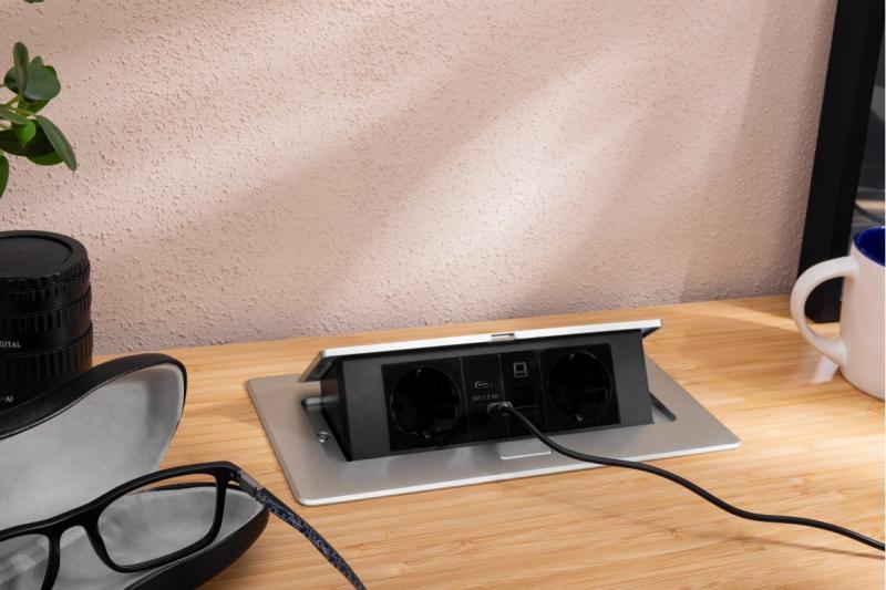 Nábytková zásuvka MULTISOFT, 2xSHUKO, USB A+C, RJ45, kabel 1,5 m, hliník