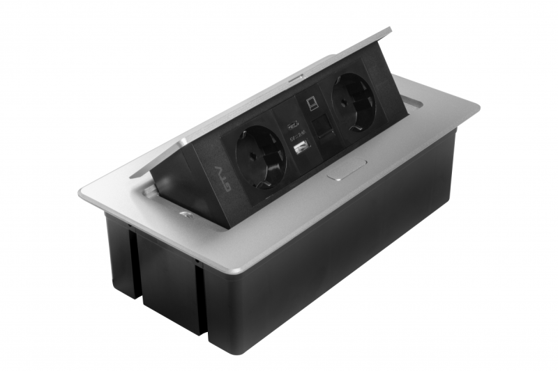 Nábytková zásuvka MULTISOFT, 2xSHUKO, USB A+C, RJ45, kabel 1,5 m, hliník