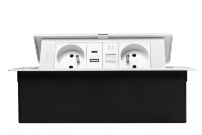 MULTISOFT Nábytková zásuvka 2x zásuvka s uzemněním, USB A+C, RJ45, napájecí kabel s vidlicí, bílá